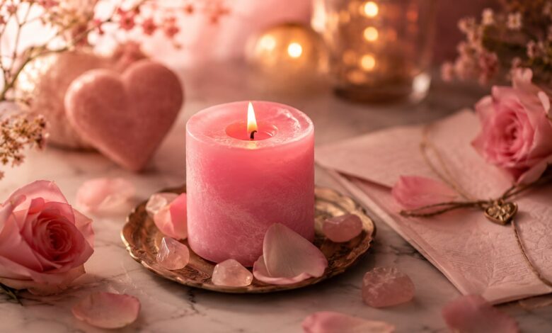 Candela rosa in amore per rituale di armonia e riavvicinamento